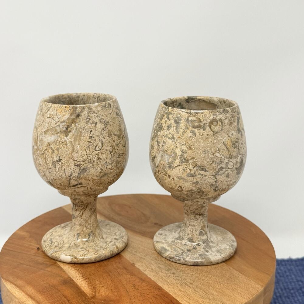 Carved Fossil Stone Goblet Chalice Dragonstone Natural Limestone Marble 5" Pair